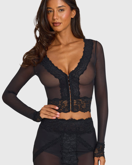 Black Placed Lace-Trim Cropped Cardigan