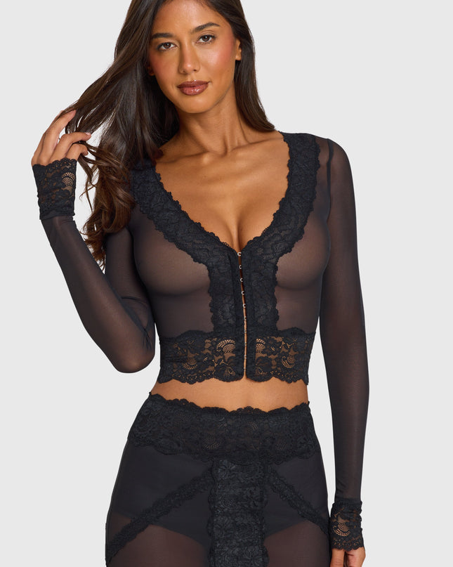Black Placed Lace-Trim Cropped Cardigan