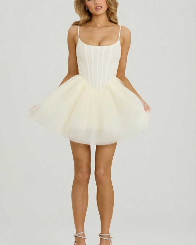 White Embellished Corset Tulle Skirt Mini Dress