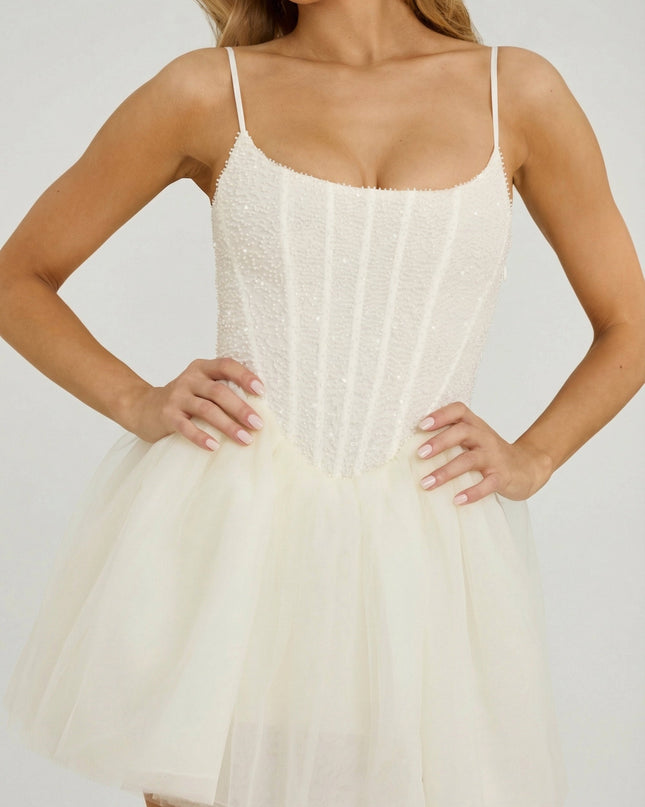 White Embellished Corset Tulle Skirt Mini Dress