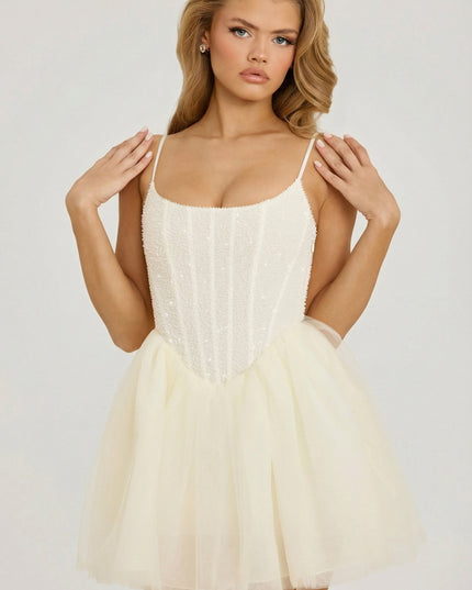 White Embellished Corset Tulle Skirt Mini Dress