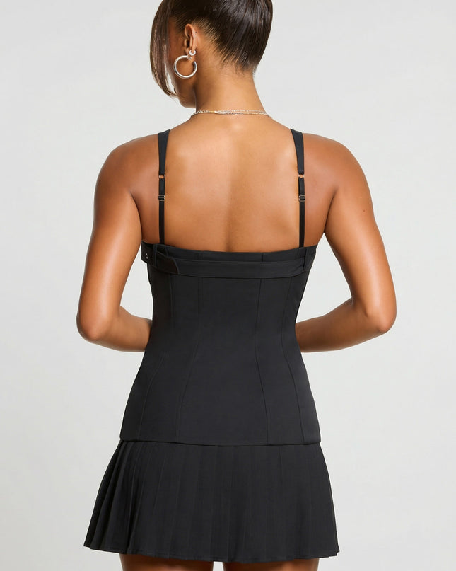 Black Brushed Twill Drop Waist Kilt Mini Dress