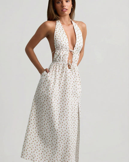 Rose Print Backless Cotton-Poplin Midaxi Dress