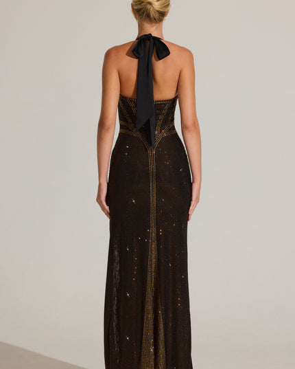 Bronze Embellished Halterneck Maxi Dress
