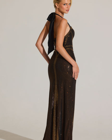 Bronze Embellished Halterneck Maxi Dress