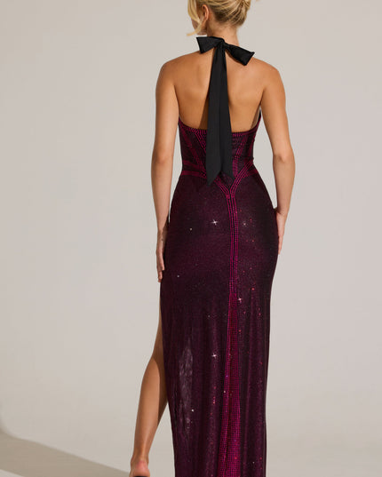 Fuchsia Pink Embellished Halterneck Maxi Dress