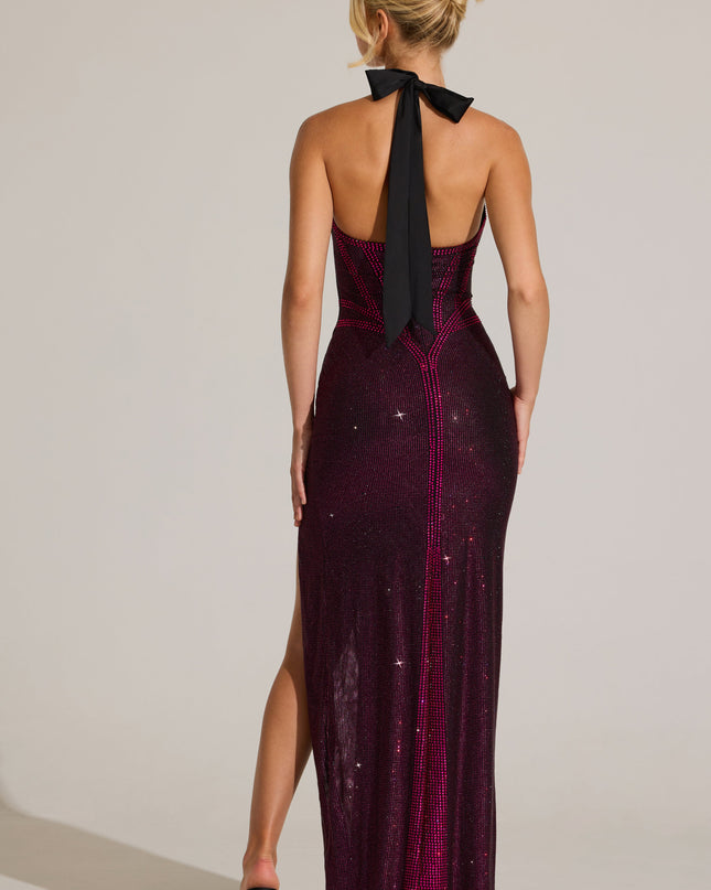Fuchsia Pink Embellished Halterneck Maxi Dress