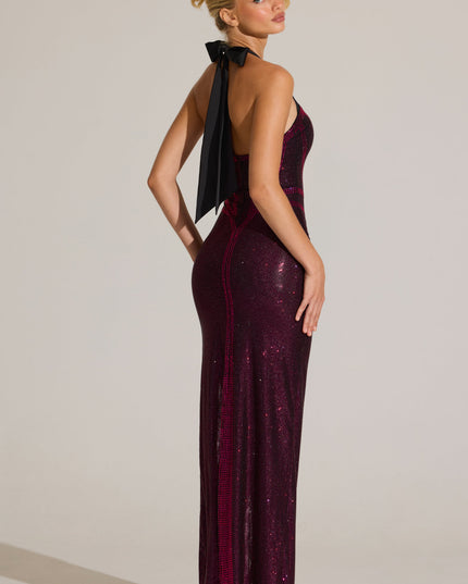 Fuchsia Pink Embellished Halterneck Maxi Dress