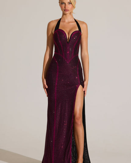 Fuchsia Pink Embellished Halterneck Maxi Dress