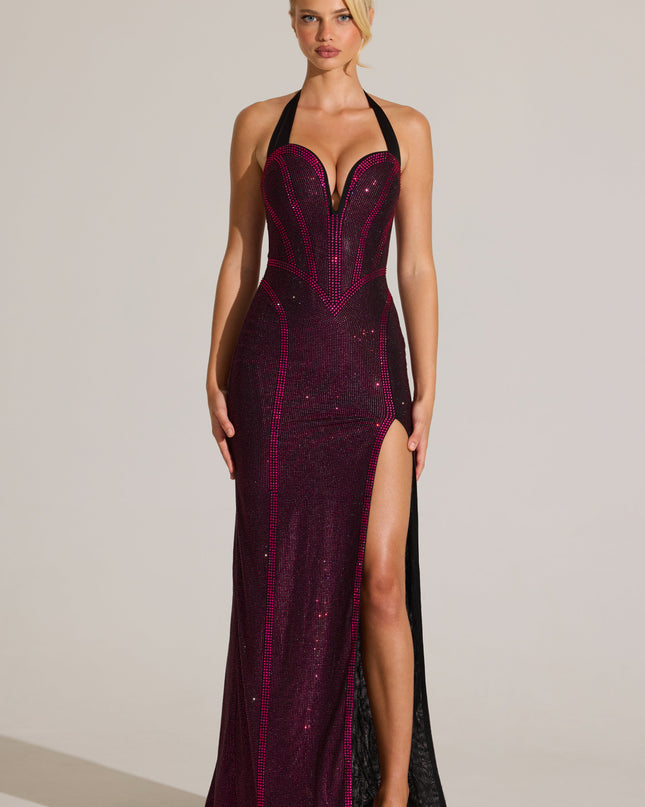 Fuchsia Pink Embellished Halterneck Maxi Dress