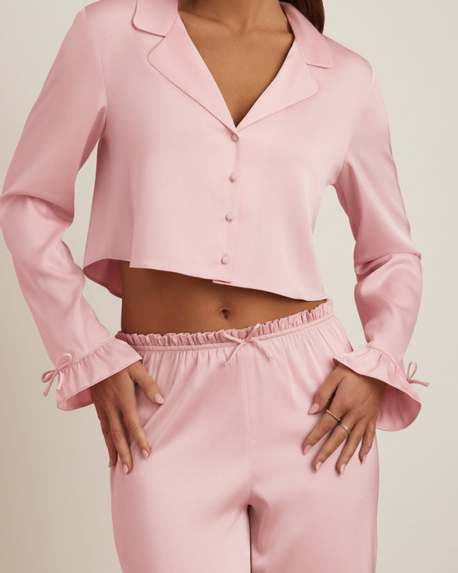 Baby Pink Ruffle-Trim Cropped Pyjama Top