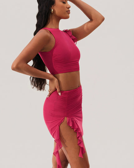 Fuchsia Ruffle Split Mini Skirt