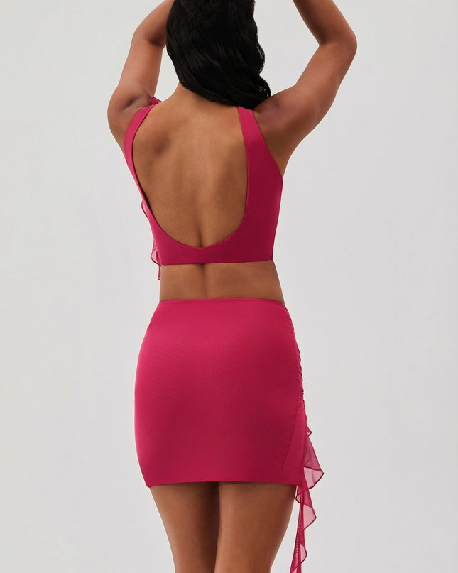 Fuchsia Ruffle Split Mini Skirt