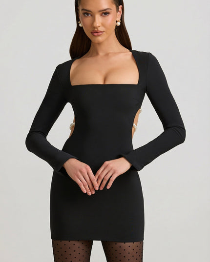 Black Pearl-Detail Cut-Out Mini Dress
