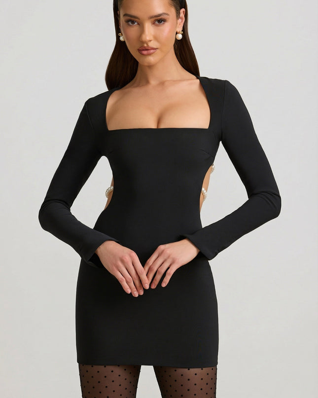 Black Pearl-Detail Cut-Out Mini Dress