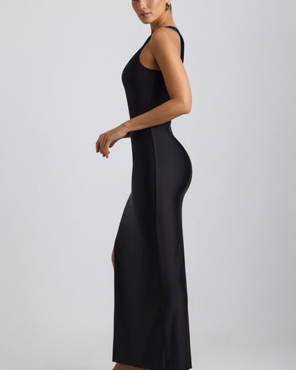 Black Ruched Asymmetric One-Shoulder Maxi Dress