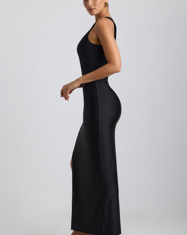 Black Ruched Asymmetric One-Shoulder Maxi Dress