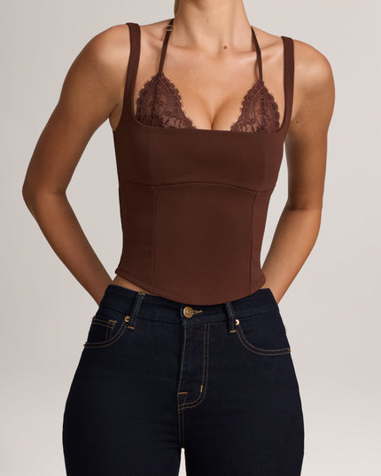 Cocoa Brown Ponte Peekabo Lace Tank Top