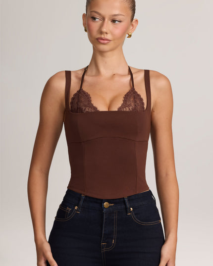 Cocoa Brown Ponte Peekabo Lace Tank Top