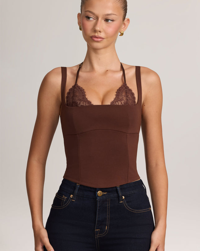 Cocoa Brown Ponte Peekabo Lace Tank Top