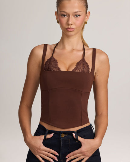 Cocoa Brown Ponte Peekabo Lace Tank Top