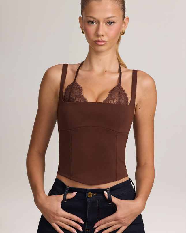 Cocoa Brown Ponte Peekabo Lace Tank Top