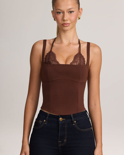 Cocoa Brown Ponte Peekabo Lace Tank Top