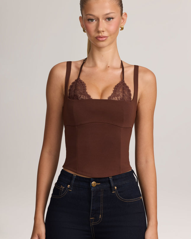 Cocoa Brown Ponte Peekabo Lace Tank Top