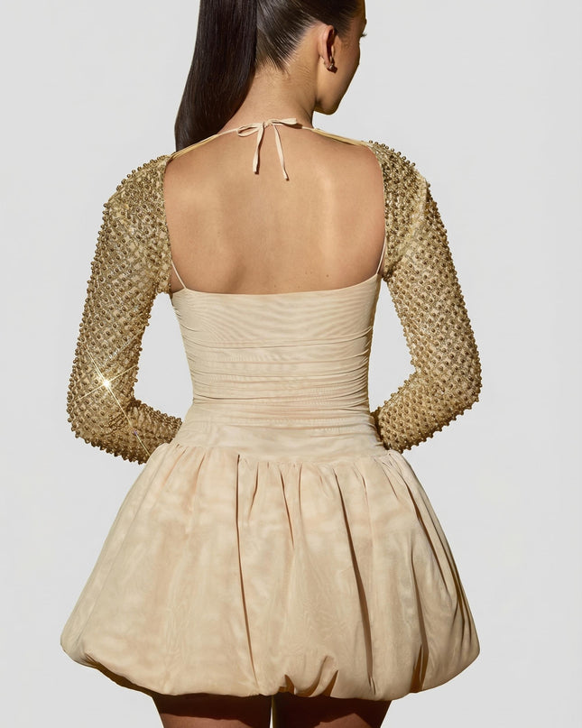 Gold Embellished Bubble Hem Mini Dress