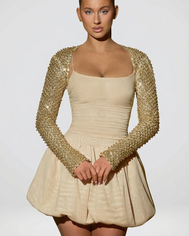 Gold Embellished Bubble Hem Mini Dress