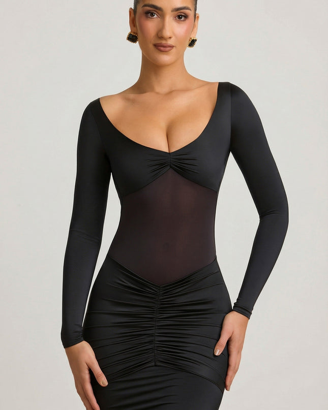 Black Bow-Detail Ruched Maxi Dress