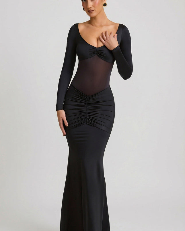 Black Bow-Detail Ruched Maxi Dress