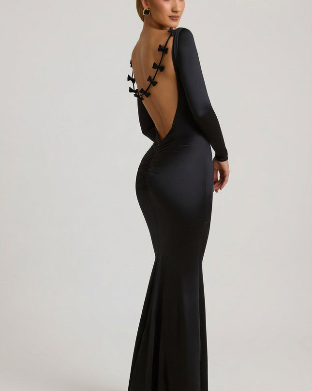 Black Bow-Detail Ruched Maxi Dress