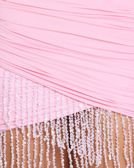 Bubblegum Pink Fringed Halterneck Mini Dress