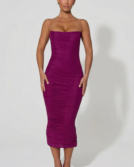 Plum Ruched Backless Bodycon Midaxi Dress