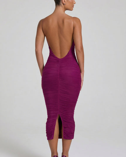 Plum Ruched Backless Bodycon Midaxi Dress