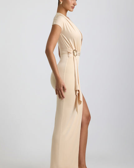 Buttercream Slinky Jersey Plunge Hardware Detail Maxi Dress