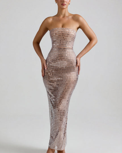 Almond Embellished Bandeau Maxi Dress