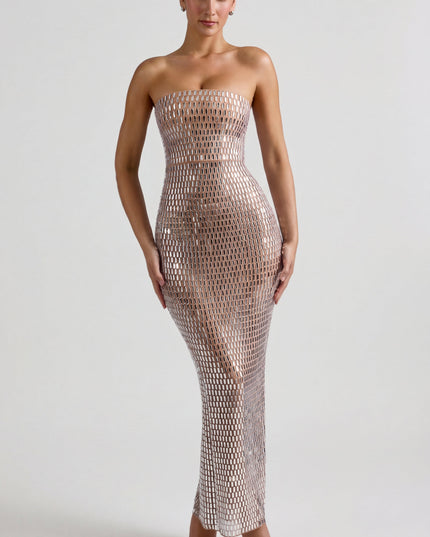 Almond Embellished Bandeau Maxi Dress