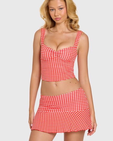 Red Gingham Modal Ruched Bust Top