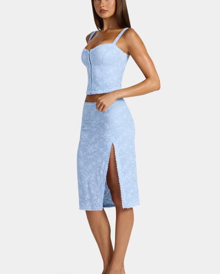 Arctic Blue Lace Low-Rise Midi Skirt