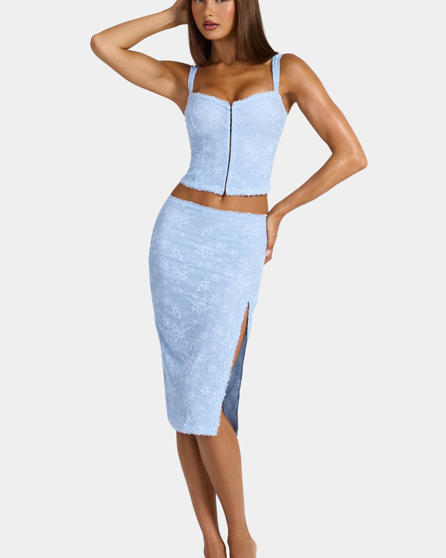 Arctic Blue Lace Low-Rise Midi Skirt