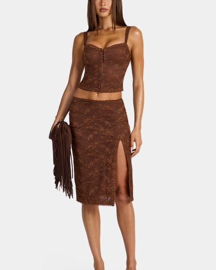 Cocoa Brown Lace Low-Rise Midi Skirt