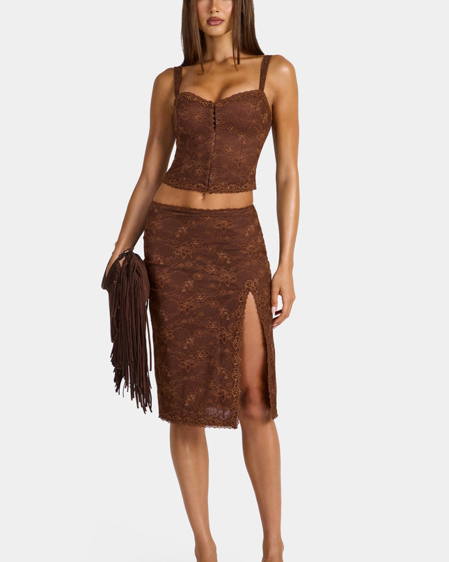 Cocoa Brown Lace Low-Rise Midi Skirt