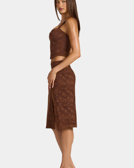 Cocoa Brown Lace Low-Rise Midi Skirt