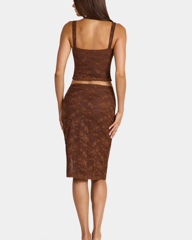 Cocoa Brown Lace Low-Rise Midi Skirt