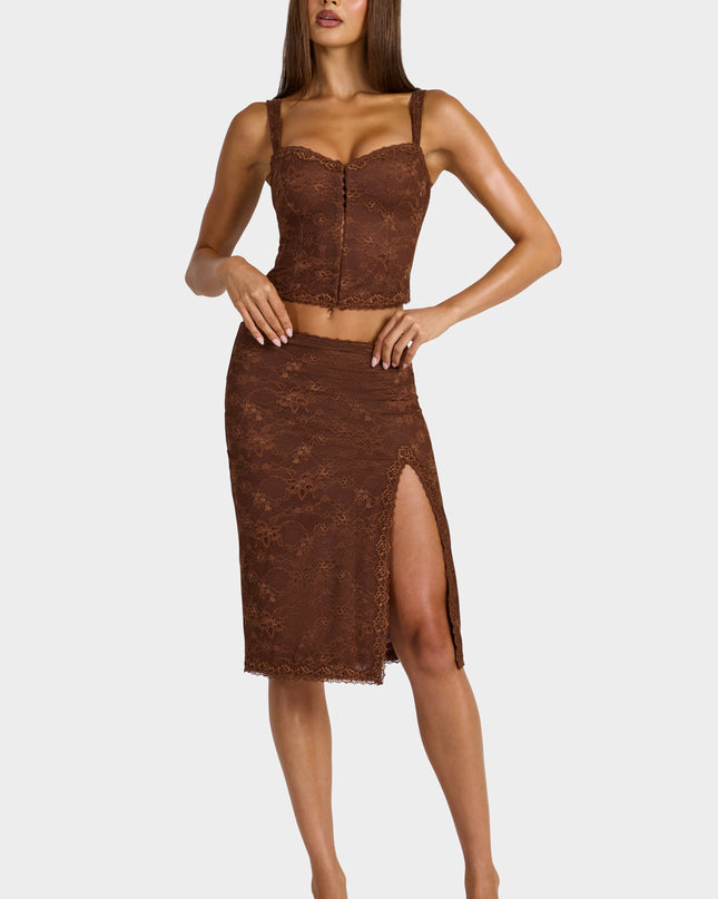 Cocoa Brown Lace Low-Rise Midi Skirt