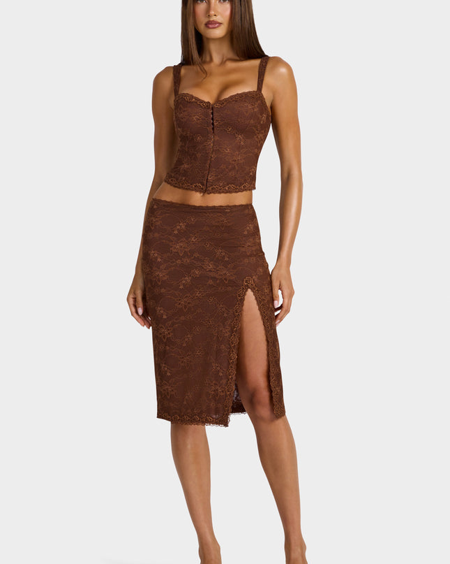 Cocoa Brown Lace Low-Rise Midi Skirt