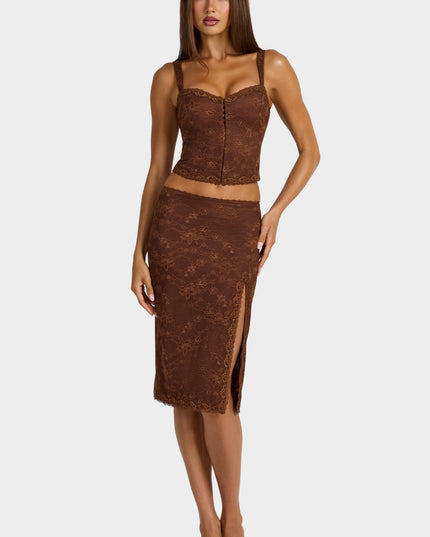 Cocoa Brown Lace Low-Rise Midi Skirt
