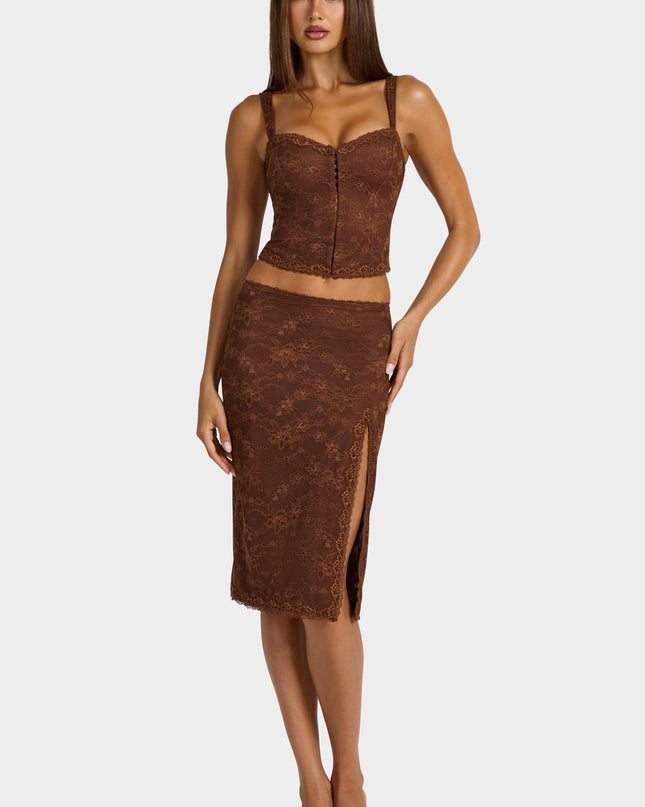 Cocoa Brown Lace Low-Rise Midi Skirt